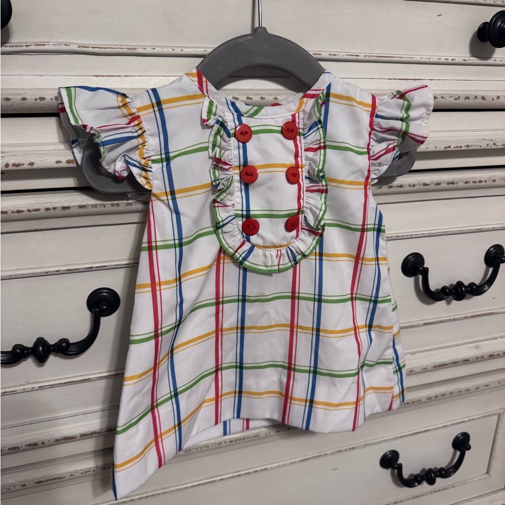 Colorful Plaid Ruffle Top with Red Buttons & Bloomer Shorts